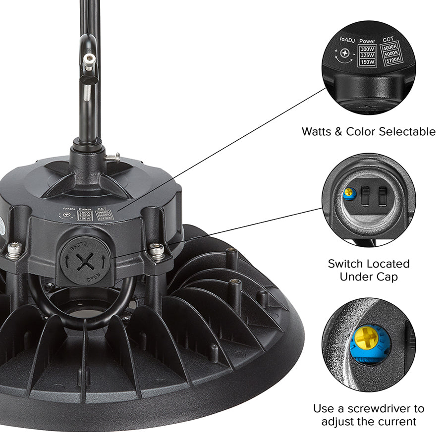 10 in. LED UFO High Bay Light Fixture, Black Hardwired Warehouse Light, 22,500 Lumens, 3 CCT 4000K-5700K, Selectable Wattage 100-150, 120-277V AC