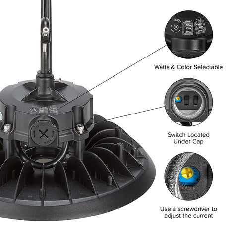10 in. LED UFO High Bay Light Fixture, Black Hardwired Warehouse Light, 22,500 Lumens, 3 CCT 4000K-5700K, Selectable Wattage 100-150, 120-277V AC