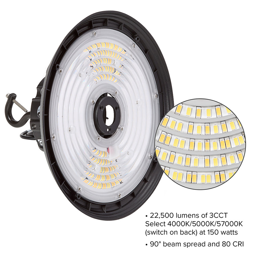 10 in. LED UFO High Bay Light Fixture, Black Hardwired Warehouse Light, 22,500 Lumens, 3 CCT 4000K-5700K, Selectable Wattage 100-150, 120-277V AC